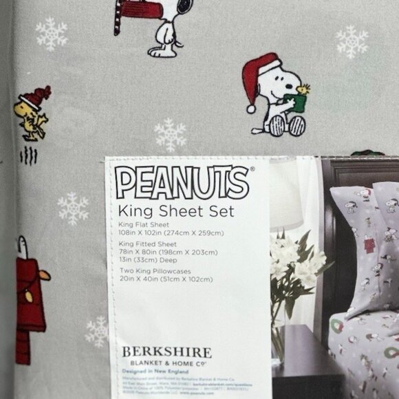 Peanuts Snoopy Christmas Tree King Size Gray Sheet Set (lights woodstock gifts) - Picture 5 of 5
